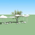 Outdoor Space with White Canopy Structures Small Tree and Round Seats on Grassy Area 3d model