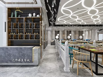 Modern Restaurant Interior With Grey Marble Counter Wine Rack Dining Tables And Circular Ceiling Lights 3d model