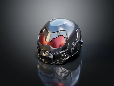 Futuristic Metallic Helmet With Red Visor And Shiny Reflective Surface Design 3d model