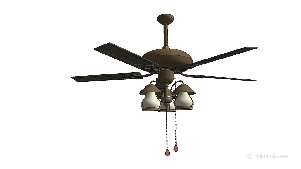 Brown Ceiling Fan with Black Blades and Three White Lamp Shades for Indoor Use 3d model 