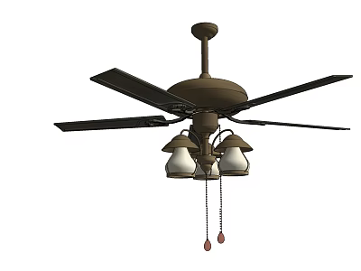 Brown Ceiling Fan with Black Blades and Three White Lamp Shades for Indoor Use 3d model