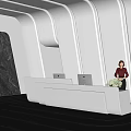 Modern Reception With Female Receptionist At White Desk Curved Walls And Gold Lines