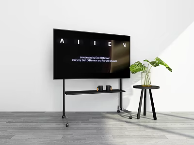 Minimalist Black TV Stand With TV On Wheels And Green Plant Side Table 3d model