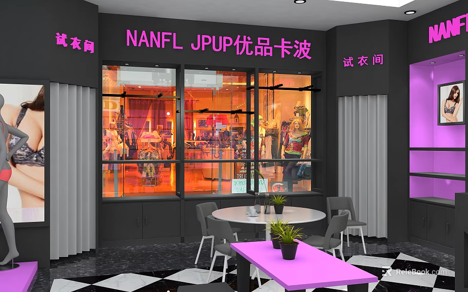 Clothing Store Interior Design With Window Display Mannequins Fitting Room Purple Accents Tables Chairs 3d model 