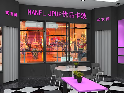 Clothing Store Interior Design With Window Display Mannequins Fitting Room Purple Accents Tables Chairs 3d model