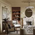 Elegant Living Room Interior With Ornate Ceiling Circular Mirror Fireplace Bookshelves Sofa And Armchair