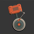 Red Robot With Square Body Exclamation Mark Sign Large Wheel Mechanical Arms And Red Clamps