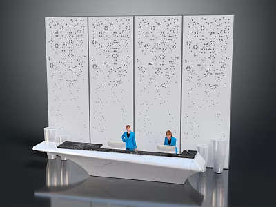 Modern White Reception Desk With Perforated Screen Background And Staff Standing 3d model