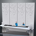 Modern White Reception Desk With Perforated Screen Background And Staff Standing 3d model