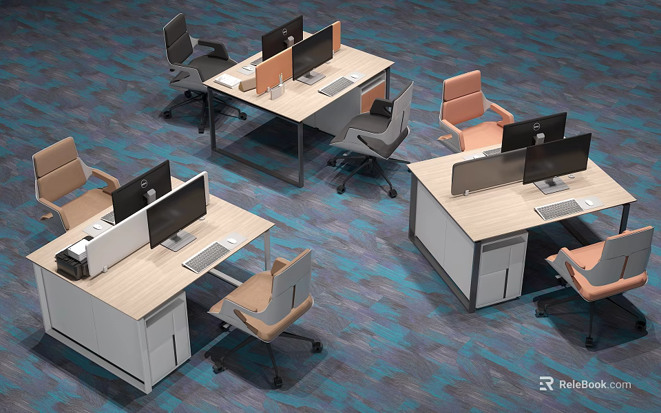 Modern Office Workspace With Multiple Desks Computer Monitors Office Chairs And Blue Carpet 3d model 