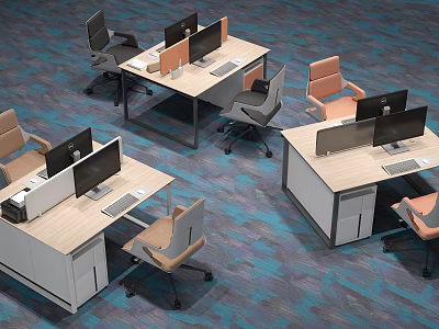 Modern Office Workspace With Multiple Desks Computer Monitors Office Chairs And Blue Carpet 3d model