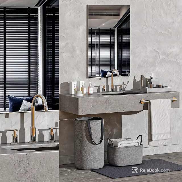 Modern Bathroom Vanity With Concrete Countertop Double Sinks Brushed Gold Faucets Wall Mirror Towel Rack 3d model 