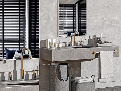 Modern Bathroom Vanity With Concrete Countertop Double Sinks Brushed Gold Faucets Wall Mirror Towel Rack 3d model