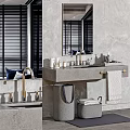 Modern Bathroom Vanity With Concrete Countertop Double Sinks Brushed Gold Faucets Wall Mirror Towel Rack