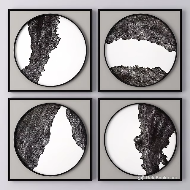 Four Circular Black And White Abstract Art Frames For Wall Decoration 3d model