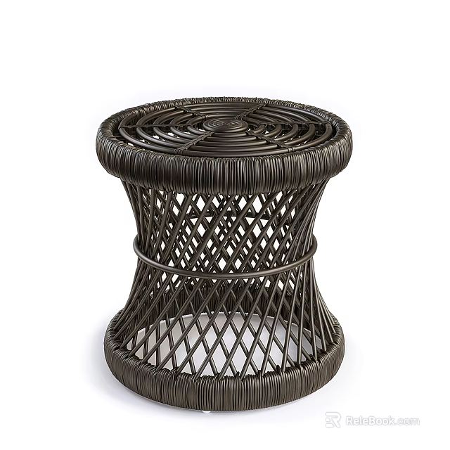 Handcrafted Dark Woven Rattan Stool with Intricate Weave Pattern and Stable Structure 3d model