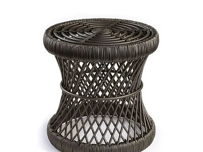 Handcrafted Dark Woven Rattan Stool with Intricate Weave Pattern and Stable Structure 3d model