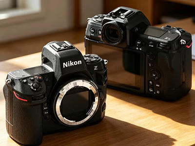Two Black Nikon Cameras As Daily Use Electronic Devices On Wooden Table With Sunlight 3d model