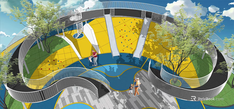 Vibrant Kids Play Area With Yellow Climbing Floors Blue Sections Adults Kids And Trees 3d model 