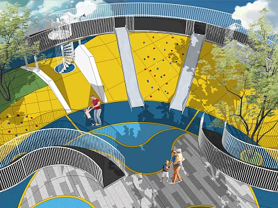 Vibrant Kids Play Area With Yellow Climbing Floors Blue Sections Adults Kids And Trees 3d model