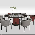 Round Dining Table Set With Six Gray And Pink Chairs Marble Tabletop Decorative Plant