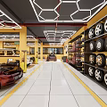 Professional 4S Auto Dealership Interior Featuring White Car Service Equipment Yellow Pillars And Modern Lighting