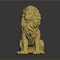 Detailed Golden Lion Sculpture Sitting With Majestic Mane And Shiny Golden Surface