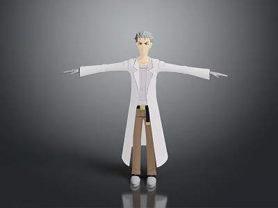 Cartoon Character With White Long Coat Brown Pants And Gray Hair Arms Outstretched 3d model