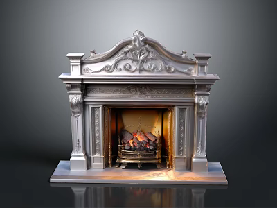 Ornate Silver Decorative Fireplace Interior With Carved Design And Burning Logs 3d model