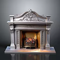 Ornate Silver Decorative Fireplace Interior With Carved Design And Burning Logs 3d model