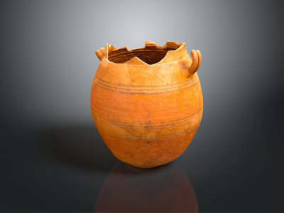 Ancient Orange Clay Sculpture Featuring Broken Rim Handles and Striped Decoration on Dark Background 3d model