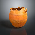 Ancient Orange Clay Sculpture Featuring Broken Rim Handles and Striped Decoration on Dark Background