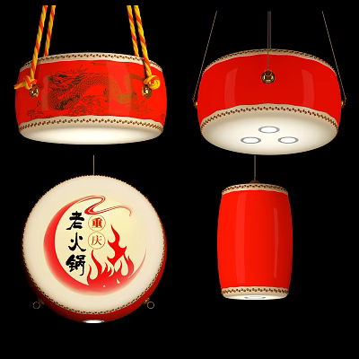 Red Drum Shaped Chandelier with Traditional Chinese Dragon Pattern and Flame Design 3d model