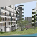 Modern School Building Exterior Featuring Green Blue Spiral Structure Green Lawn Tree And Blue Track