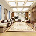 Modern Meeting Room With White Sofas Large Windows Patterned Carpet And Landscape Painting 3d model