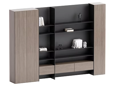 Stylish Modern Bookcase Design With Light Wood Panels Dark Open Shelves Books Ornaments And Drawers 3d model