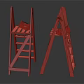 Two Wooden Ladders With Red Boxes On Steps Against Dark Background 3d model