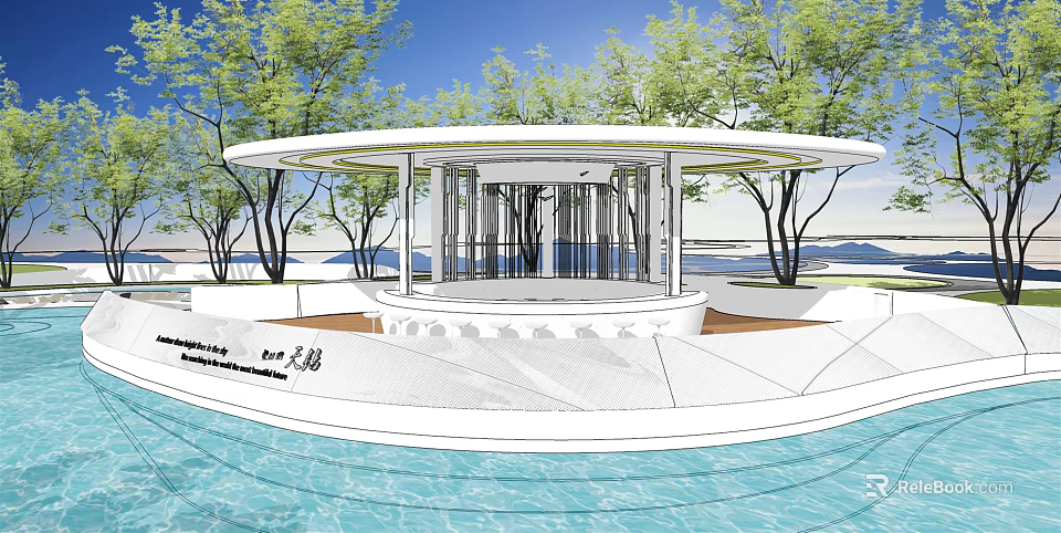 Landscape Garden Design Featuring Circular Pavilion Green Trees And Water Pool 3d model 