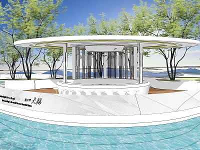 Landscape Garden Design Featuring Circular Pavilion Green Trees And Water Pool 3d model