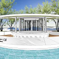Landscape Garden Design Featuring Circular Pavilion Green Trees And Water Pool