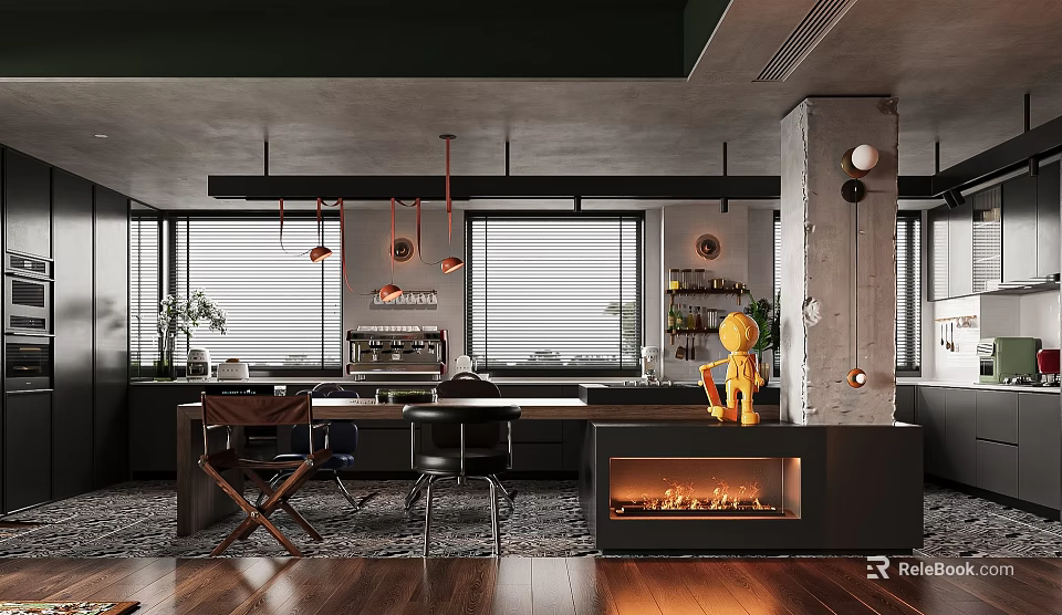 Modern Study Room Interior With Wooden Desk Bookshelf Green Plants And Floor Lamp 3d model 