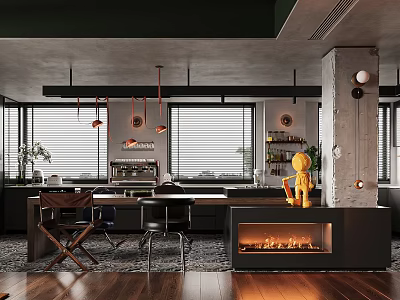 Modern Study Room Interior With Wooden Desk Bookshelf Green Plants And Floor Lamp 3d model