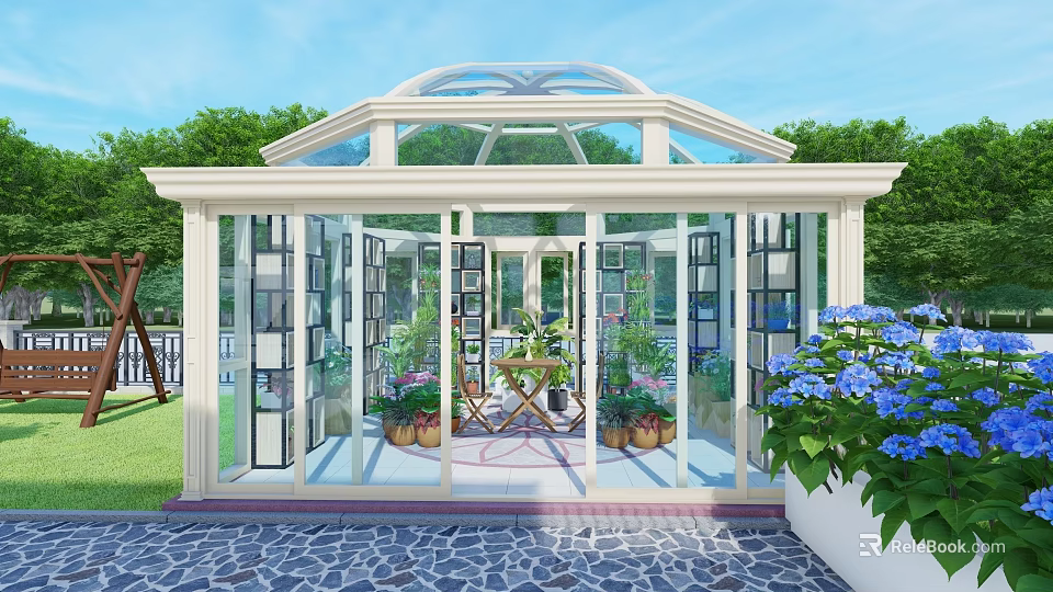 Bright Sunroom With Glass Roof White Frame Wooden Table Chairs And Lush Garden Plants 3d model 