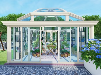 Bright Sunroom With Glass Roof White Frame Wooden Table Chairs And Lush Garden Plants 3d model