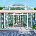 Bright Sunroom With Glass Roof White Frame Wooden Table Chairs And Lush Garden Plants