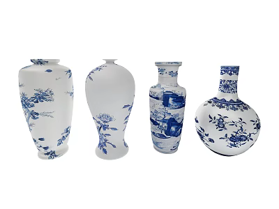 Traditional Blue and White Ceramic Vases with Floral Landscape Patterns in Various Shapes 3d model
