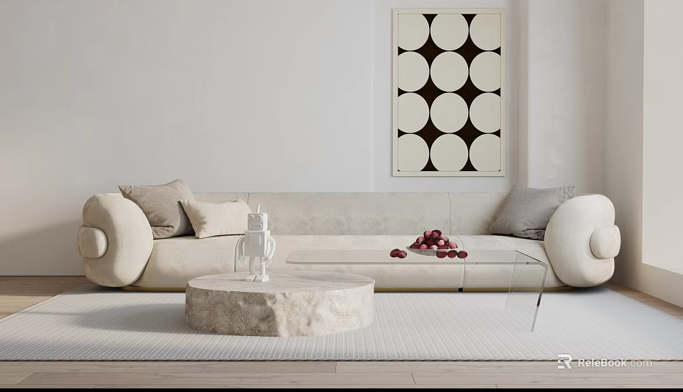 Modern Sectional Sofa With Soft Pillows And Round Coffee Table Plus Wall Art 3d model