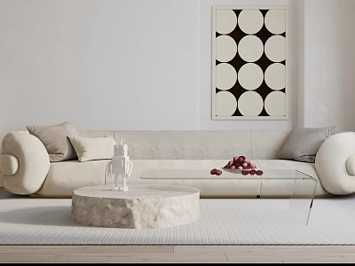 Modern Sectional Sofa With Soft Pillows And Round Coffee Table Plus Wall Art 3d model