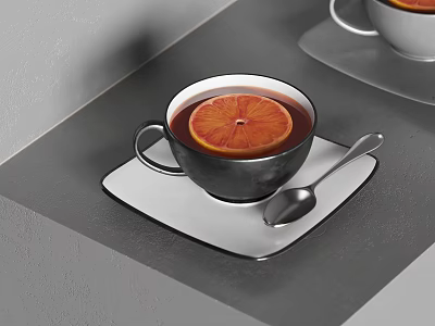 Stylish Black Cup With Black Tea And Orange Slice On White Saucer And Spoon 3d model