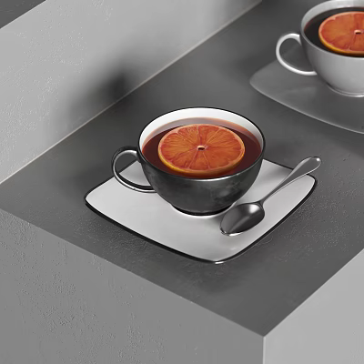 Stylish Black Cup With Black Tea And Orange Slice On White Saucer And Spoon 3d model